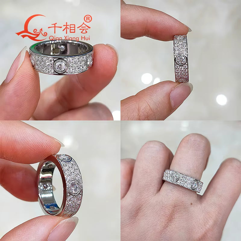 A 925 Silver Solid Rings Classic Love Three Rows of Luxury Eternity Ring D VVS Moissanite Wedding Engagement Ring Ladies Men
