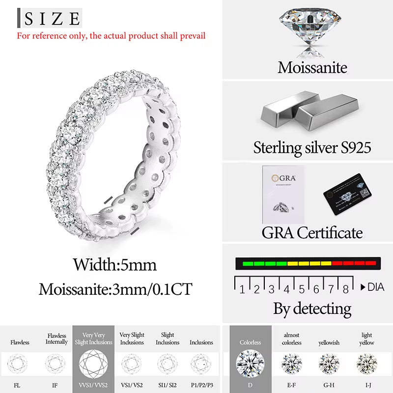 3Mm 2.86Cttw D VVS Moissanite Shining Bling Band Ring for Women 925 Sterling Silver Eternity Rings Iced Out Fashion Fine Jewelry