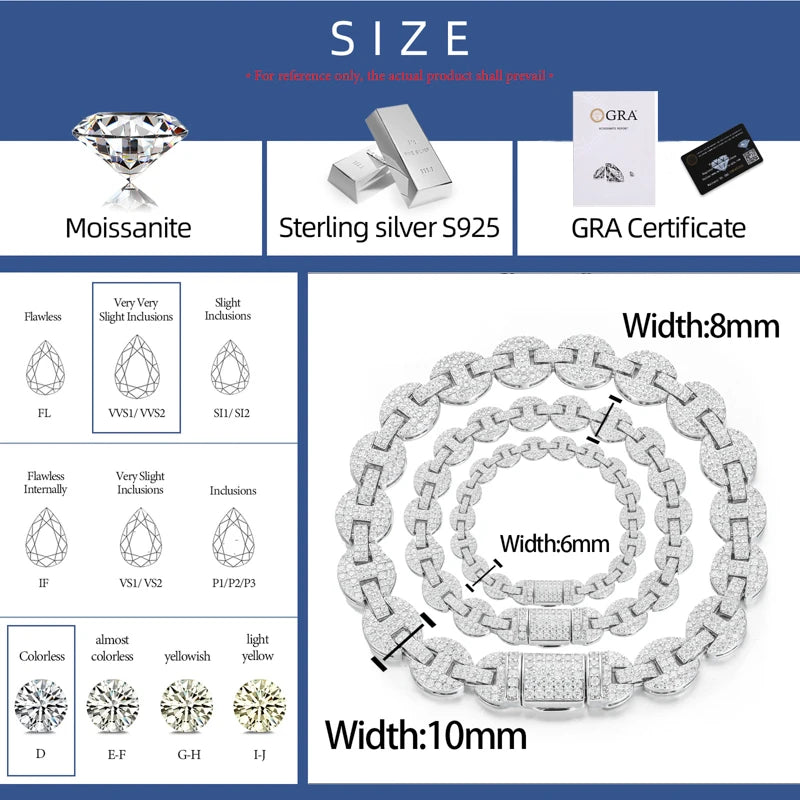 High Quality 6-10Mm 925 Sterling Silver Bracelet Micro Setting Full Moissanite Pig Nose Chain Hip Hop Fine Jewelry for Men Women