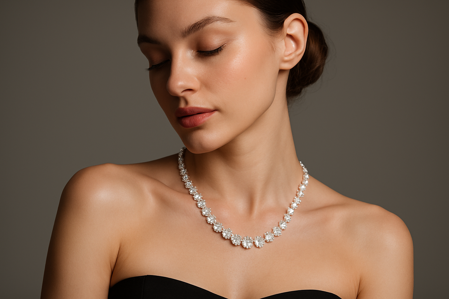 a model wearing one of the stores moissanite necklaces