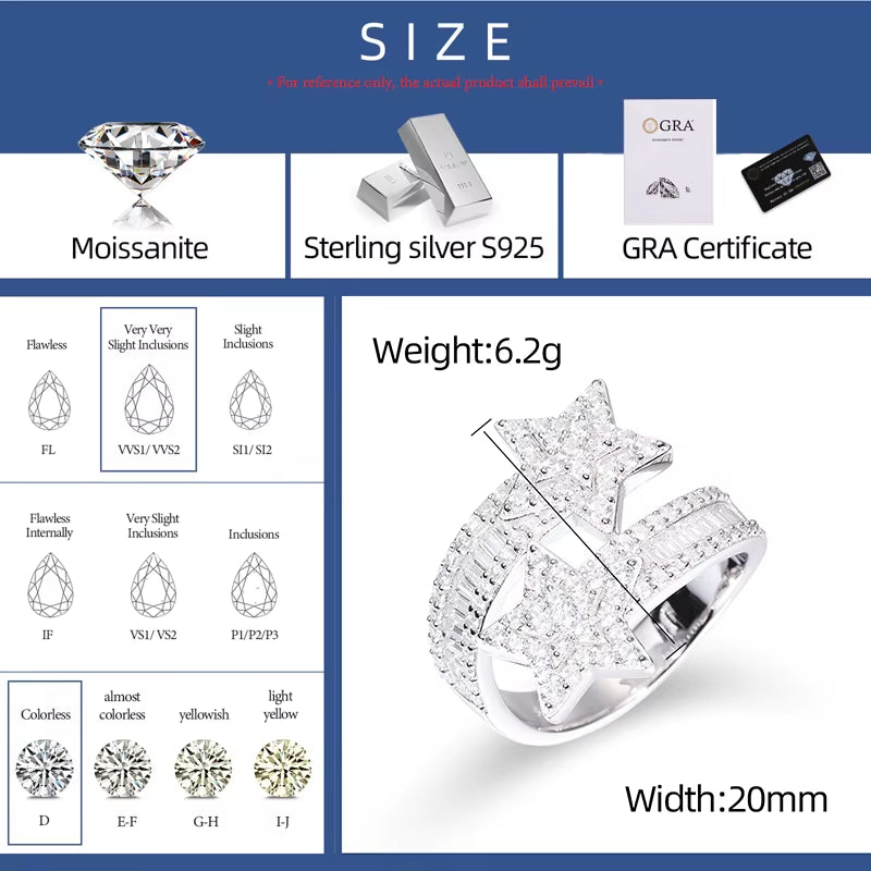 925 Sterling Silver Moissanite Star Rings for Women Luxury Bling Iced Out Bright Stars S925 Wedding Engagement Party Gift 2024