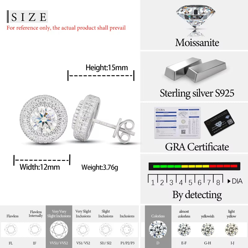 0.2-1.6CT Iced Out Moissanite Halo Stud Earrings for Men Women GRA Certified 100% 925 Silver Daily round Earrings Jewelry Gifts